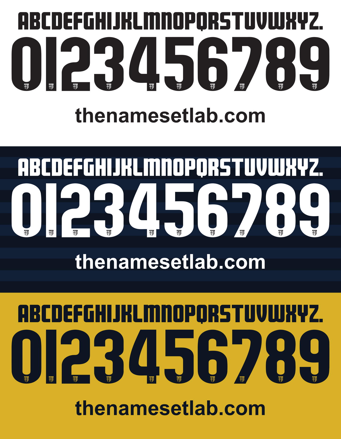 Black and white Parma 2014-2015 Nameset alphabet and number set with 'thenamesetlab.com' branding on a blue and yellow background.