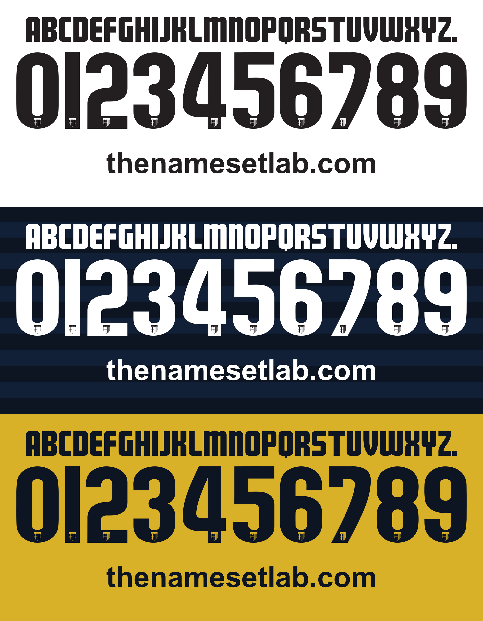 Black and white Parma 2014-2015 Nameset alphabet and number set with 'thenamesetlab.com' branding on a blue and yellow background.