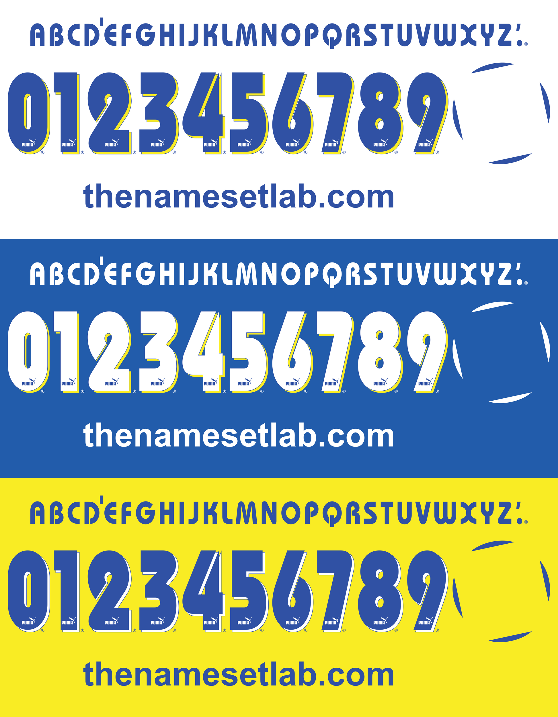 Three Parma 1996-1998 Nameset swatches with text 'the namesetlab.com' on a white, blue, and yellow background.