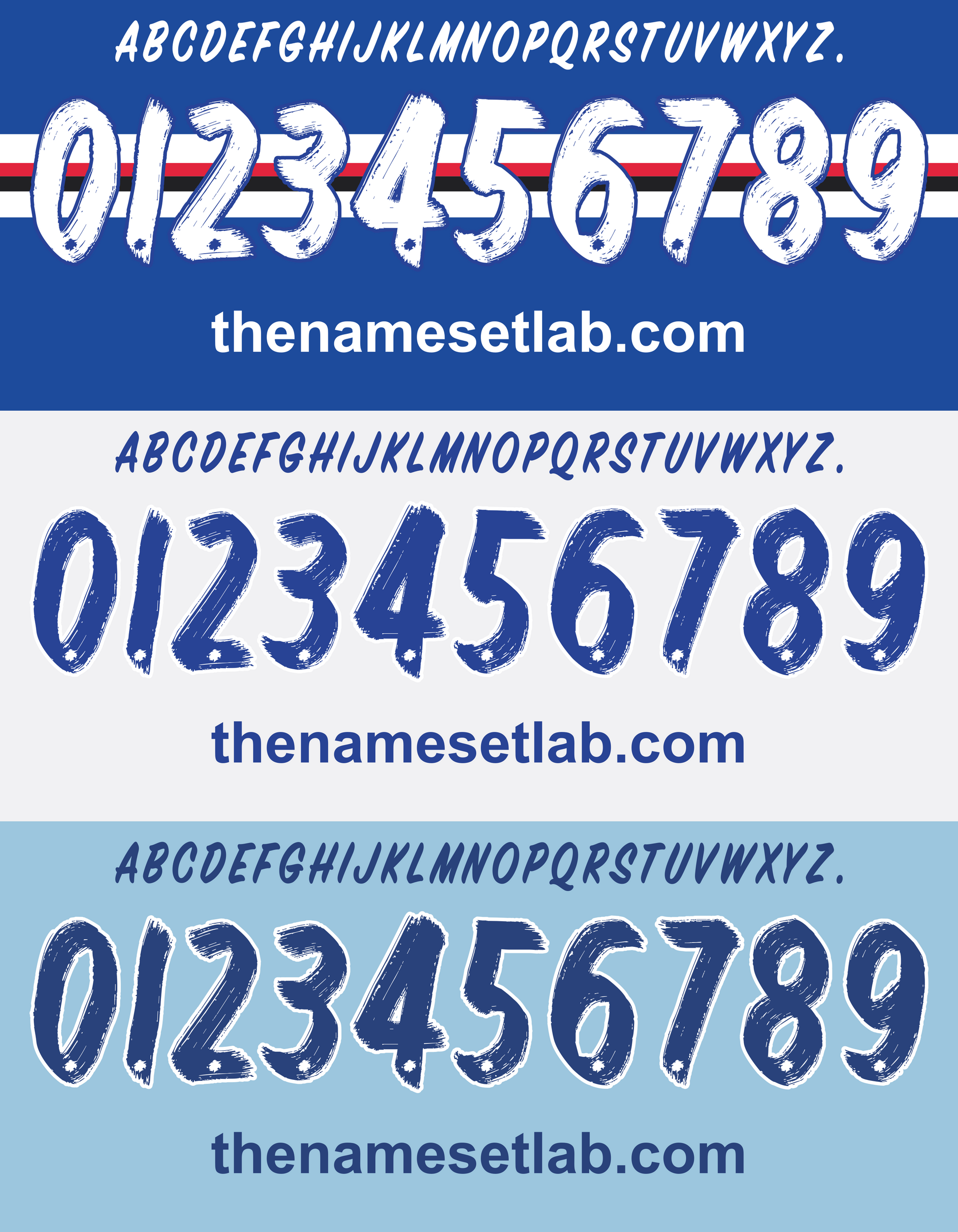 Set of Sampdoria 2016-2017 Nameset  numbers and letters with 'thenamesetlab.com' branding on a blue background