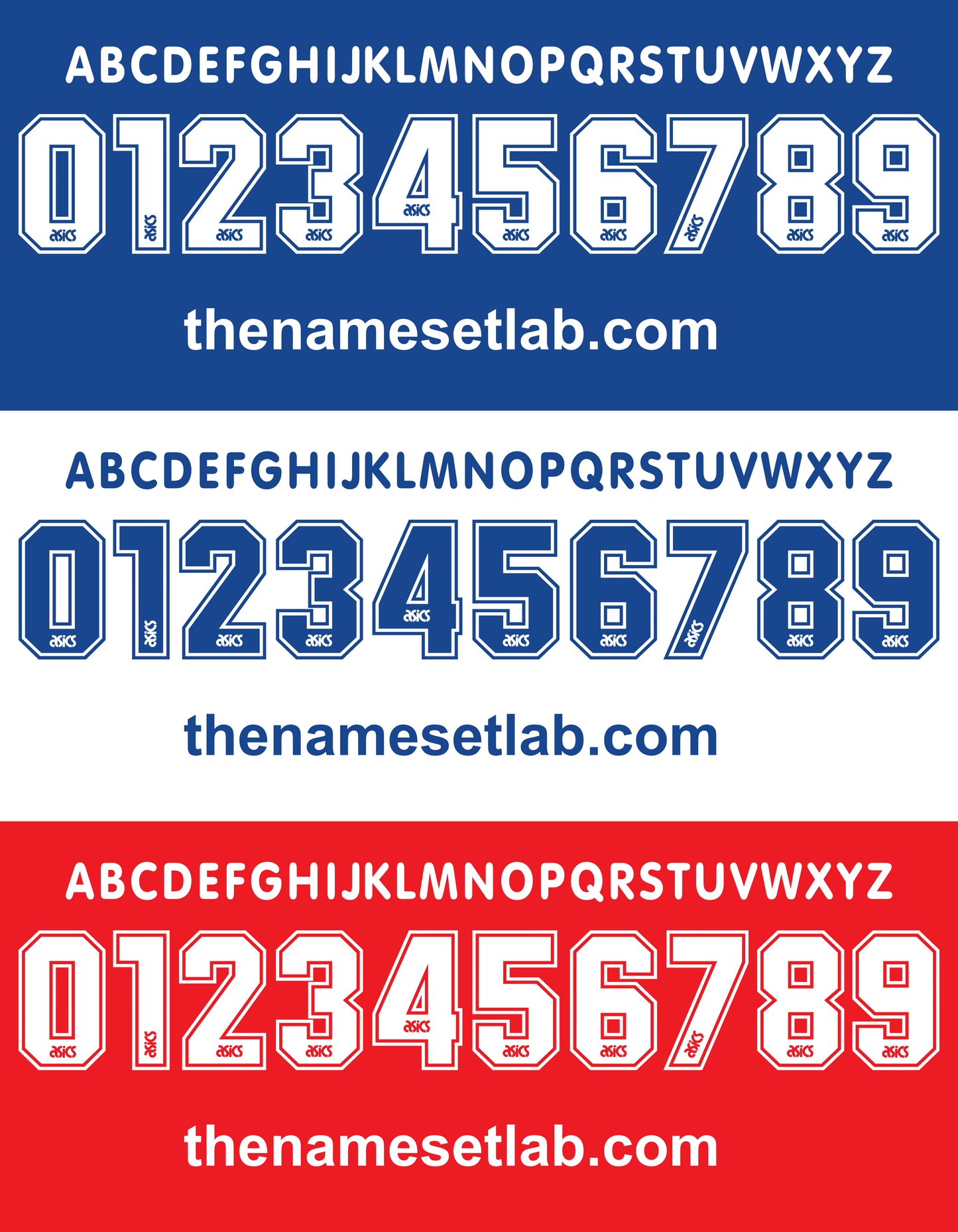Three sets of Sampdoria 1995-1996 Nameset blue, white, and red text with numbers and 'thenamesetlab.com' on a blue, white, and red background respectively.