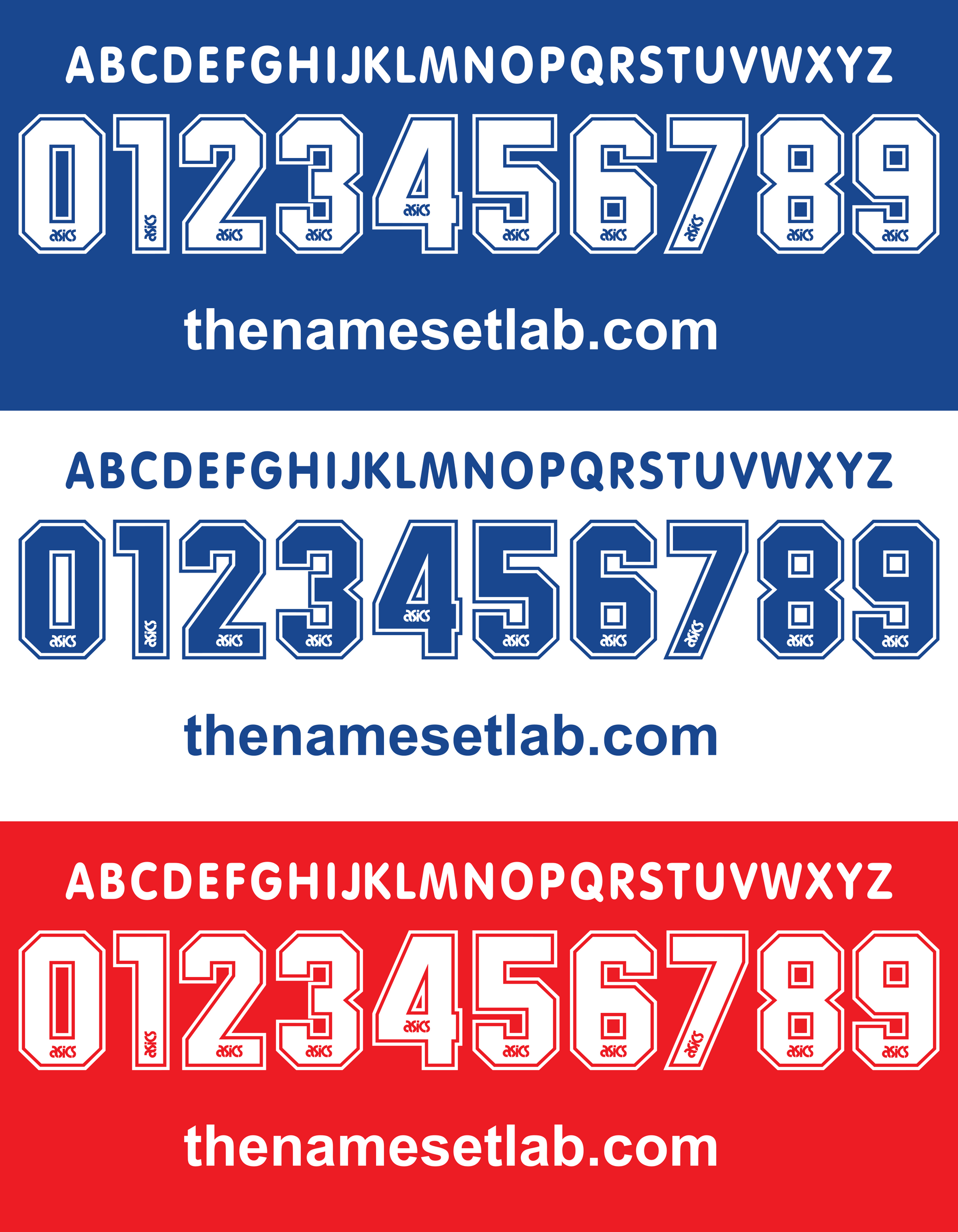 Three sets of Sampdoria 1995-1996 Nameset blue, white, and red text with numbers and 'thenamesetlab.com' on a blue, white, and red background respectively.
