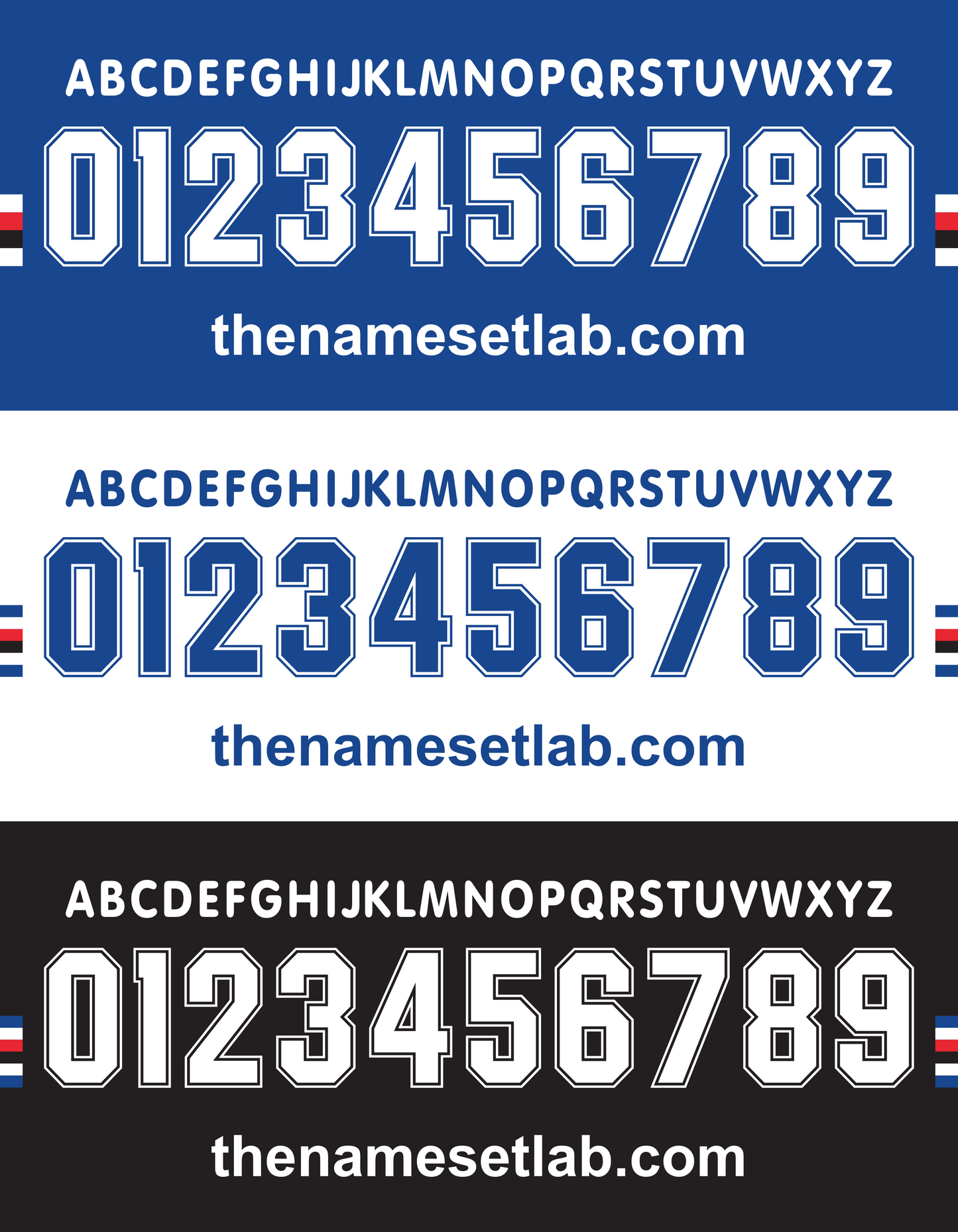 Three sets of Sampdoria 1996-1999 Nameset blue and white text with numbers and letters on a blue, white, and black background.