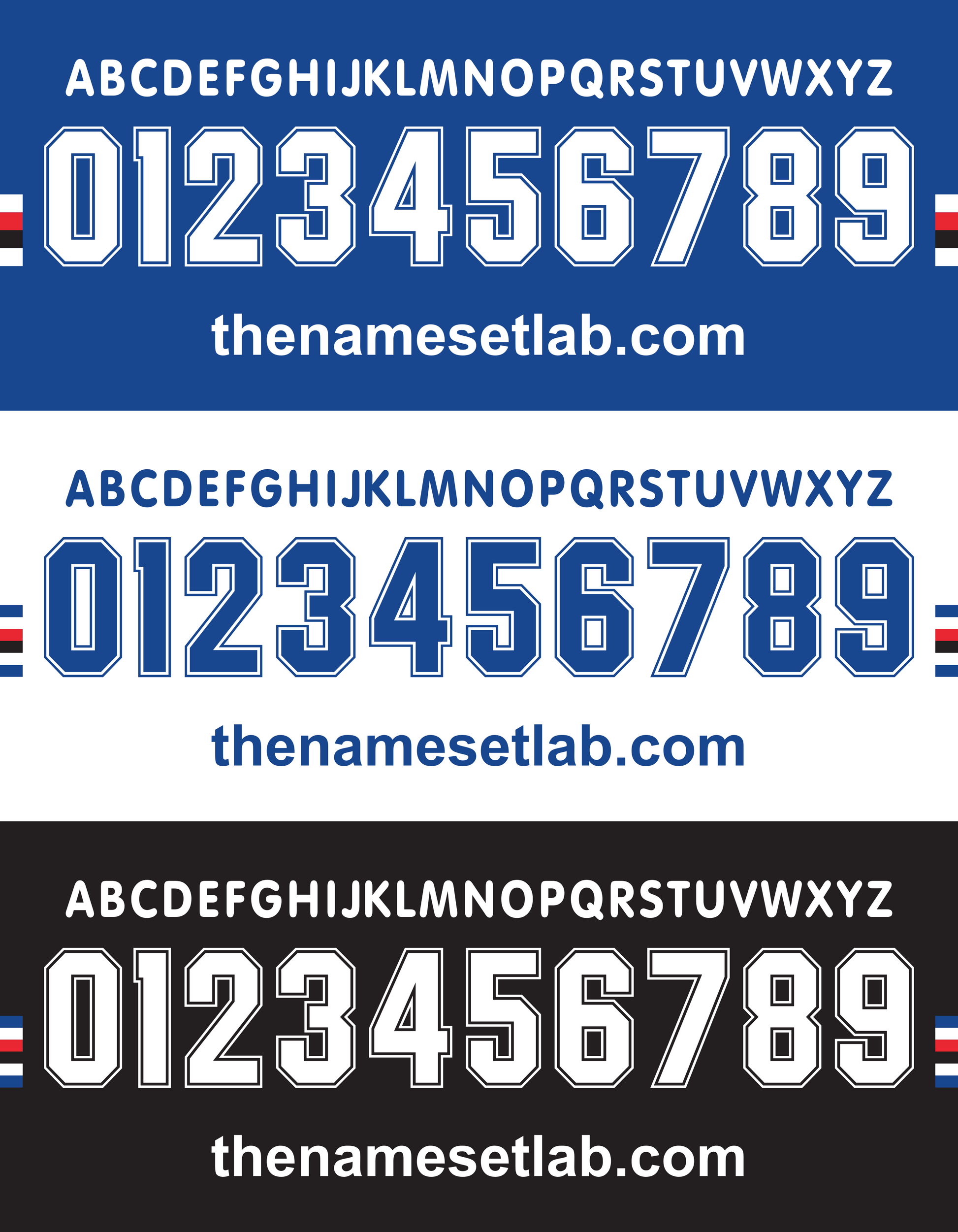 Three sets of Sampdoria 1996-1999 Nameset blue and white text with numbers and letters on a blue, white, and black background.