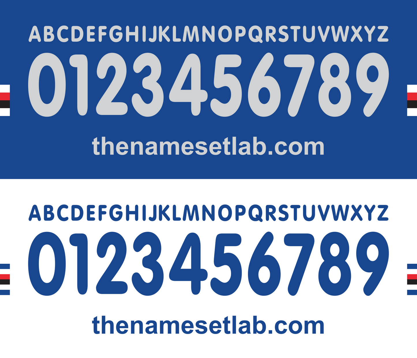 Sampdoria 1999-2001 Nameset Alphabet and number set with 'the namesetlab.com' branding on a blue background