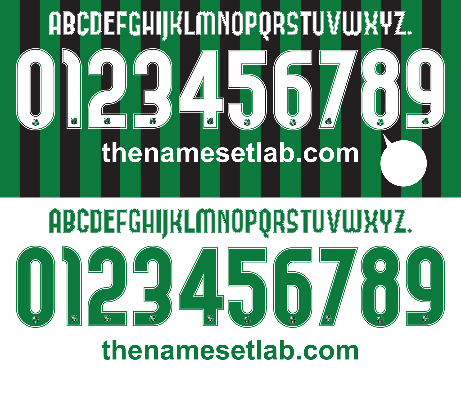 White and green Sassuolo 2013-2014 Nameset text on a striped background with 'thenamesetlab.com' branding.