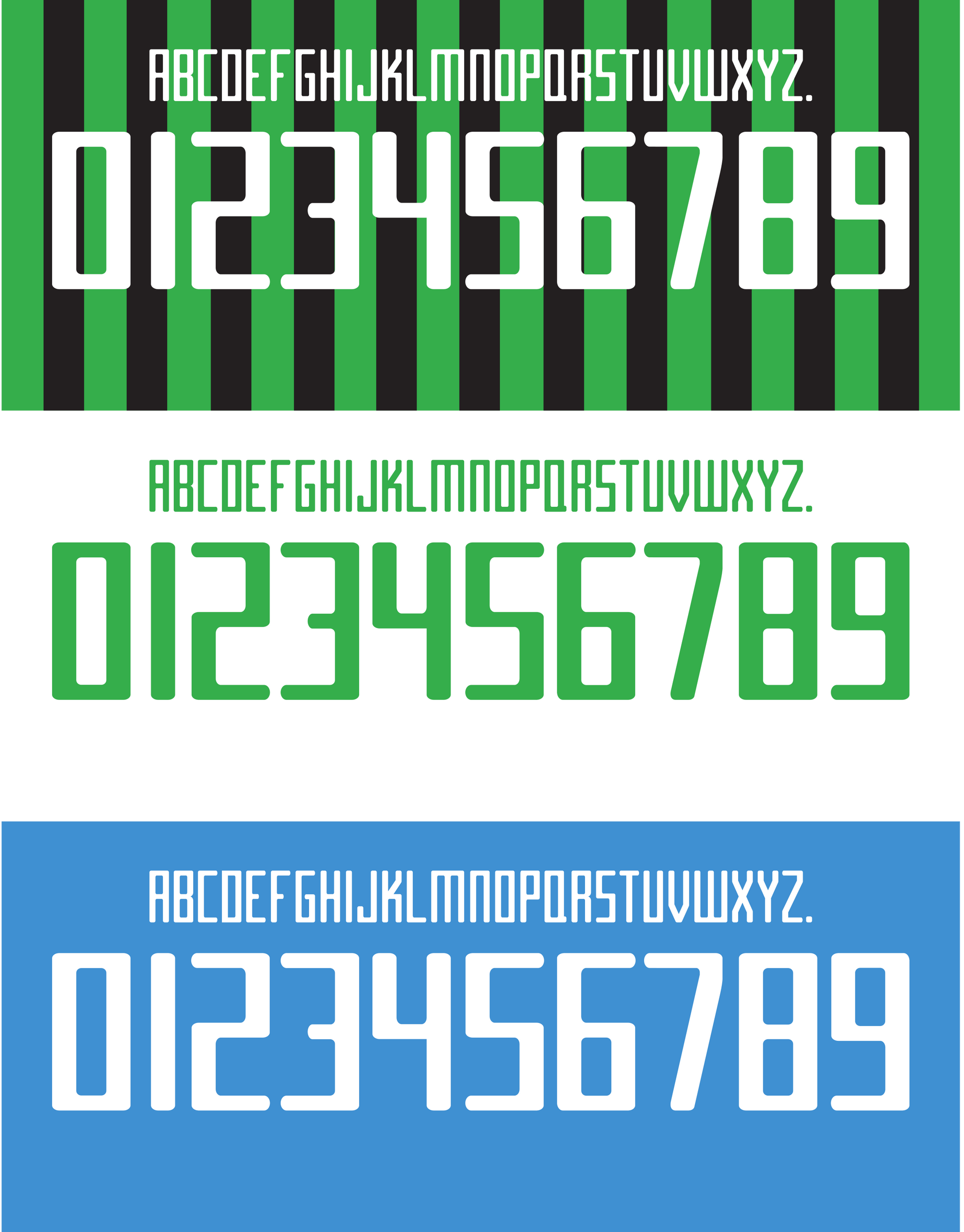Three sets of Sassuolo 2015-2016 Nameset numbers and letters on different colored backgrounds