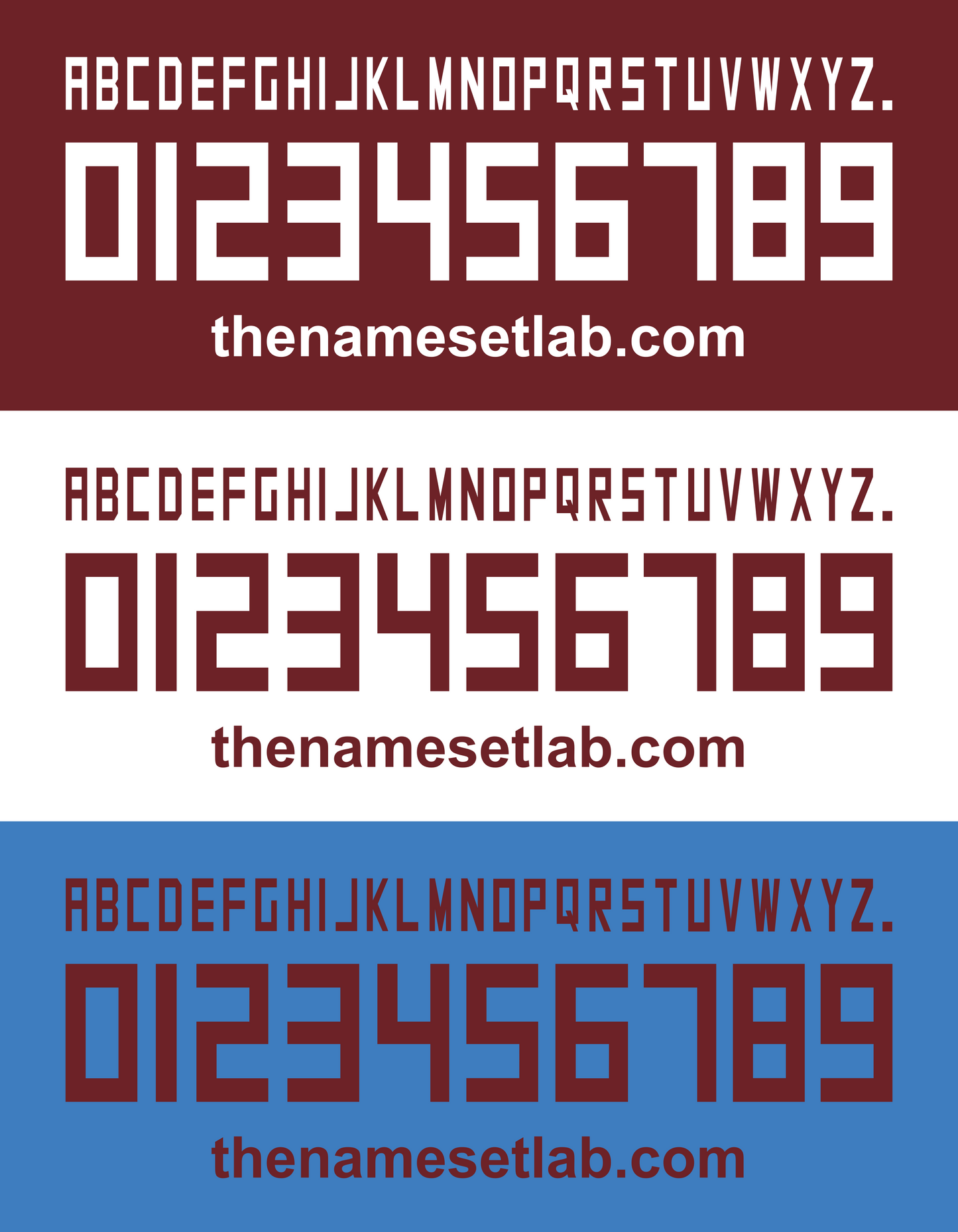 Three Torino 2013-2015 Nameset swatches with text 'the namesetlab.com' and a full alphabet and numbers on a white background.