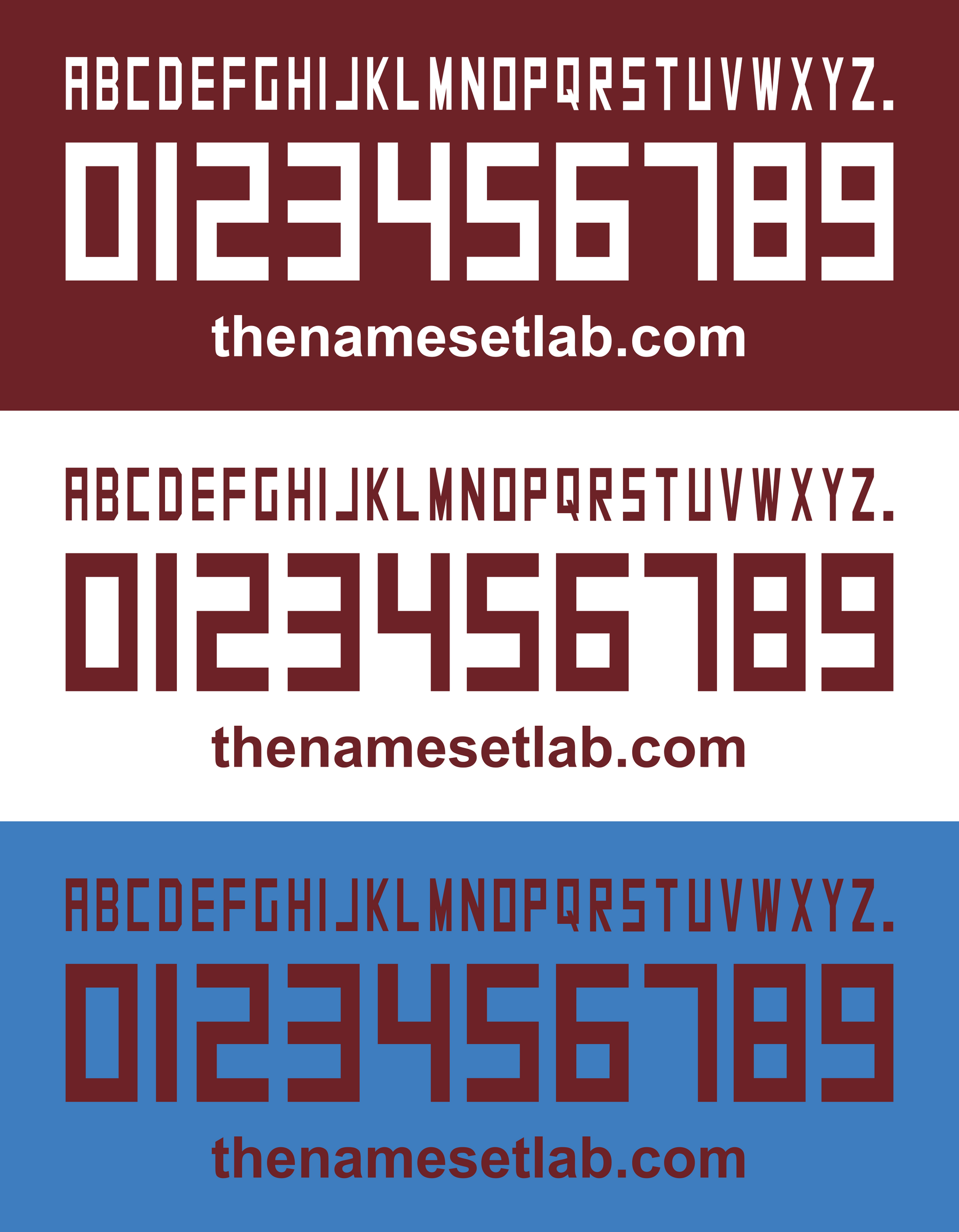 Three Torino 2013-2015 Nameset swatches with text 'the namesetlab.com' and a full alphabet and numbers on a white background.