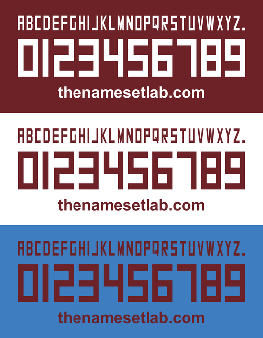 Three Torino 2013-2015 Nameset swatches with text 'the namesetlab.com' and a full alphabet and numbers on a white background.