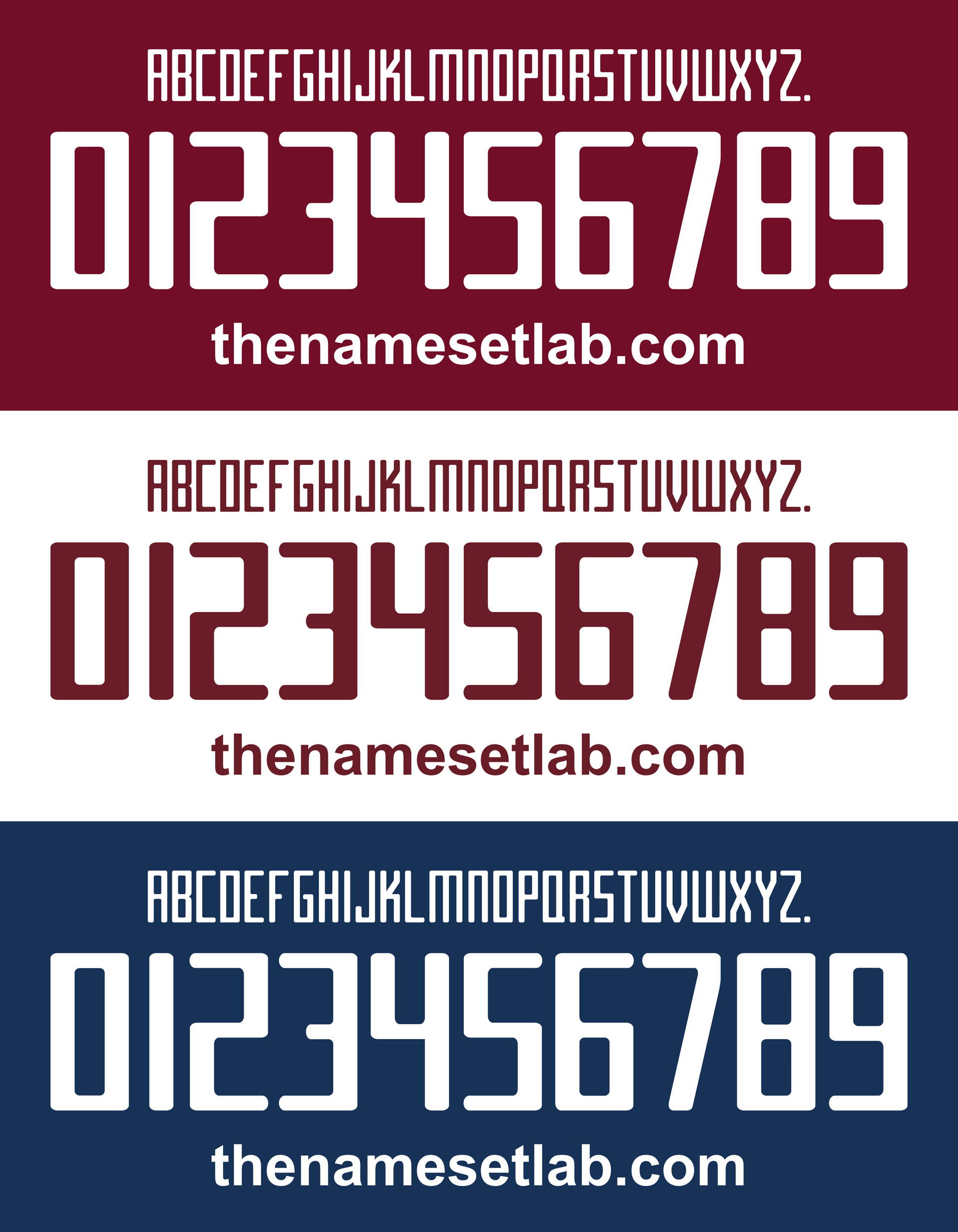 Three instances of a Torino 2015-2017 Nameset font display with numbers and 'thenamesetlab.com' on a red, white, and blue background.