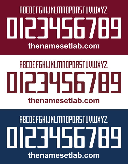 Three instances of a Torino 2015-2017 Nameset font display with numbers and 'thenamesetlab.com' on a red, white, and blue background.